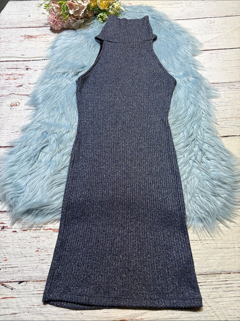 TOPSHOP Sleeveless Turtleneck Knit Navy White Marble Dress sz 4